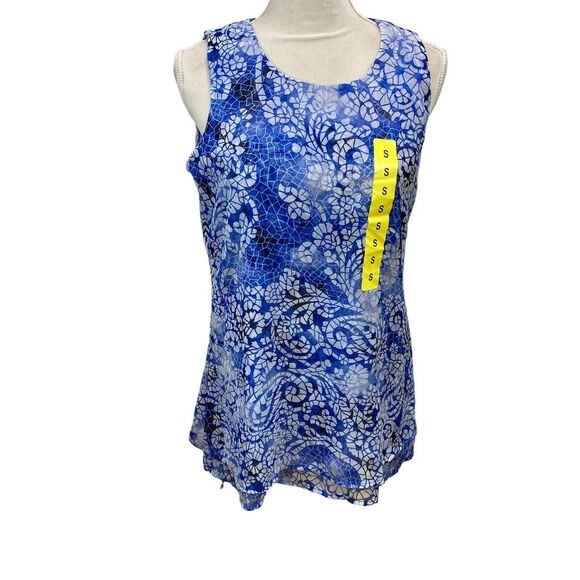 Off-White Tops - Fever Tunic Womens Small Blue White Floral Sleeveless Shirt Flowing‎ Hem NEW